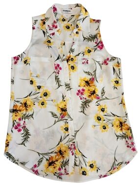 Express Portofino Floral Blouse Womens S White Yellow Sleeveless Button Top